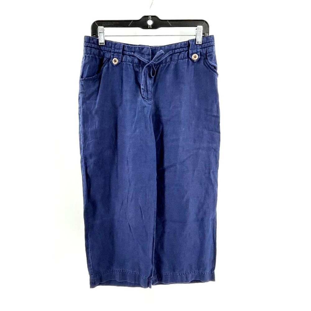 Merona Women's 100% Linen Blue Wide Leg Cropped Drawstring Pants Size 6